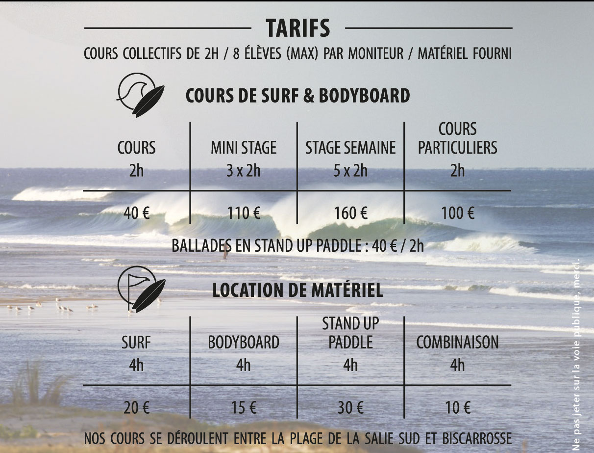 Tarifs cours Surf Arcachon La Teste de Buch Bordeaux surf Sessions prix