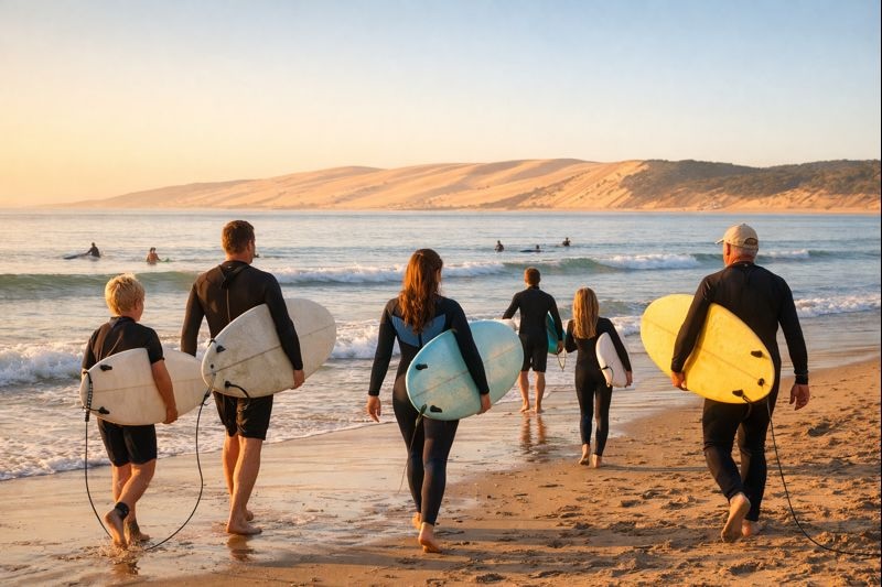 SURF ARCACHON COURS STAGES SURF 2026 MEILLEURE ECOLE SURF GIRONDE AQUITAINE FRANCE