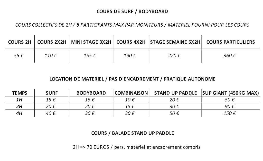 SURF ARCACHON TARIFS